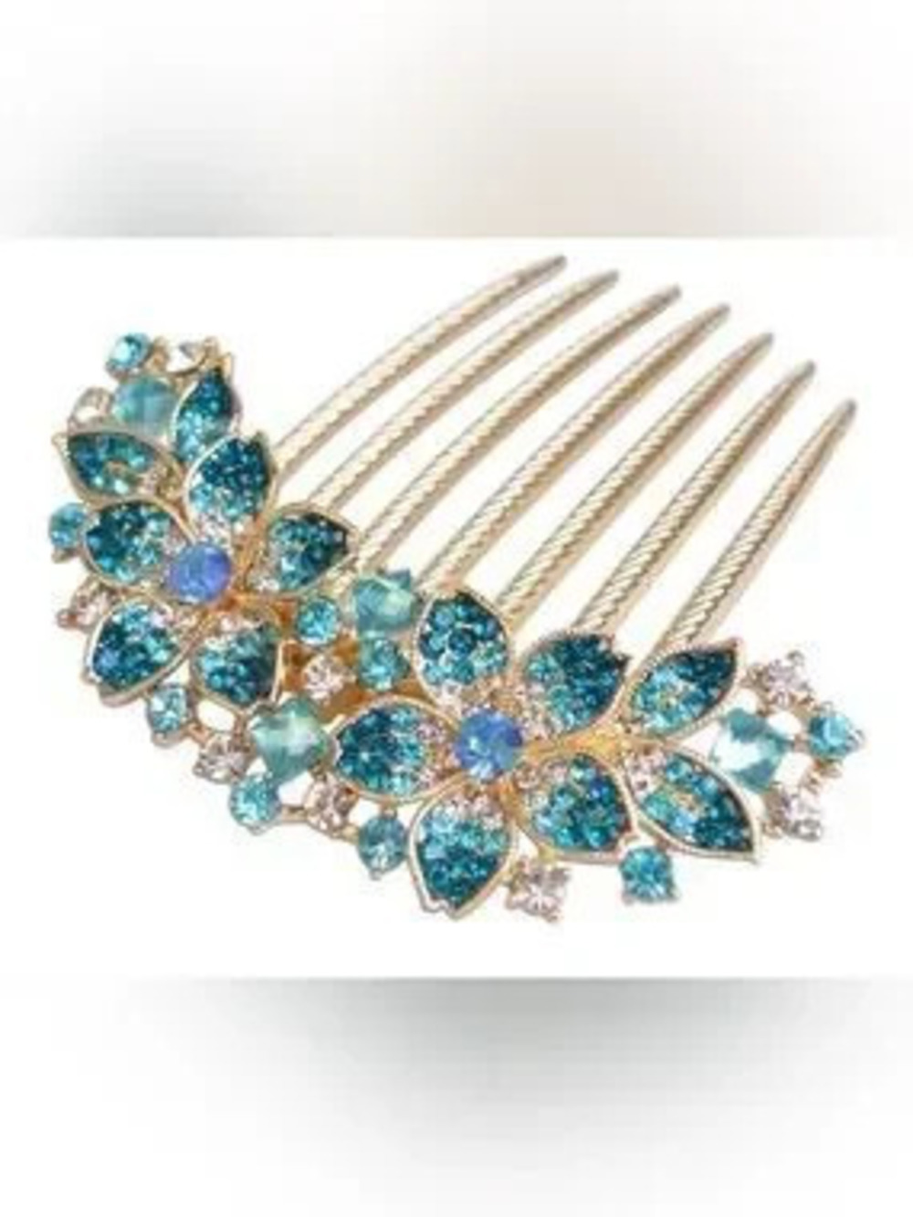 Gold-Tone Floral Crystal Hair Comb - Blue